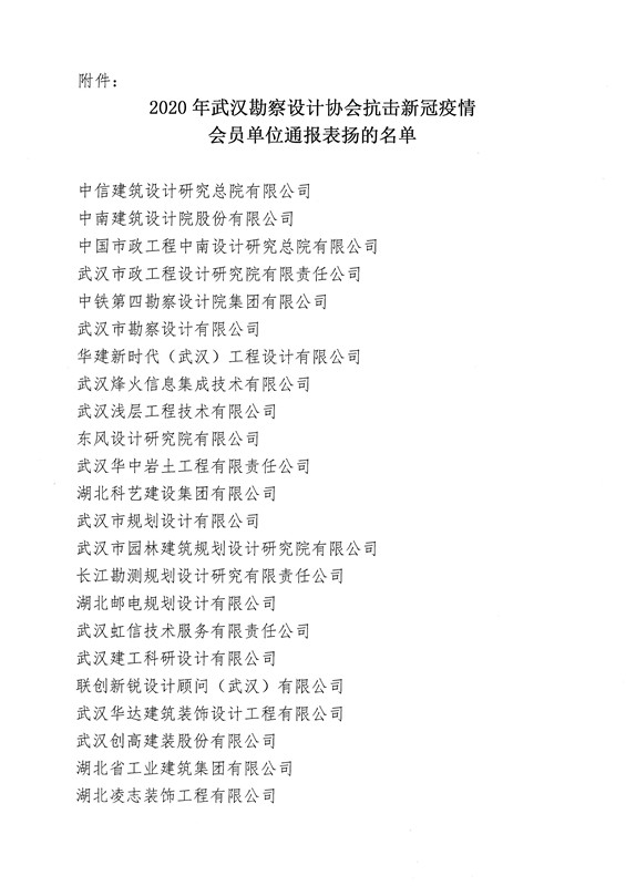 關于對2020年武漢勘察設計協會抗擊新冠疫情會員單位通報表揚的名單